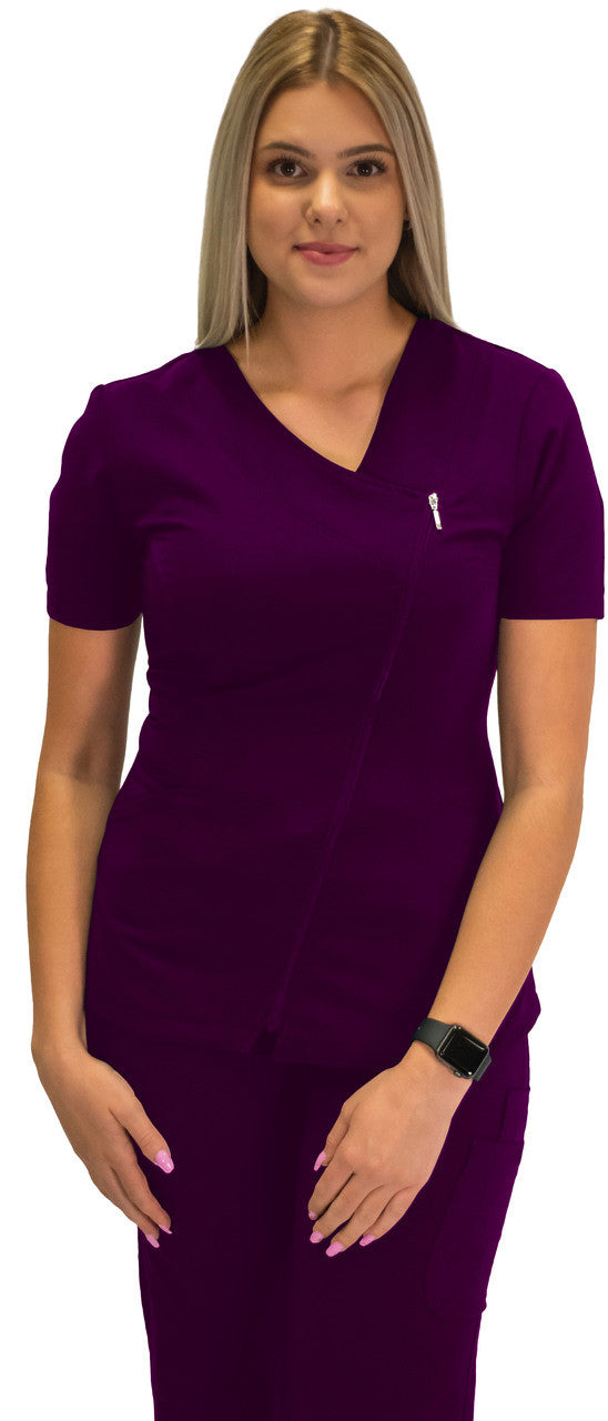 Women's 4-Way Stretch Asymmetrical Zipper Scrub Top