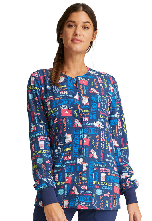 Cherokee Women's Snap Front Print Warm-up Scrub Jacket