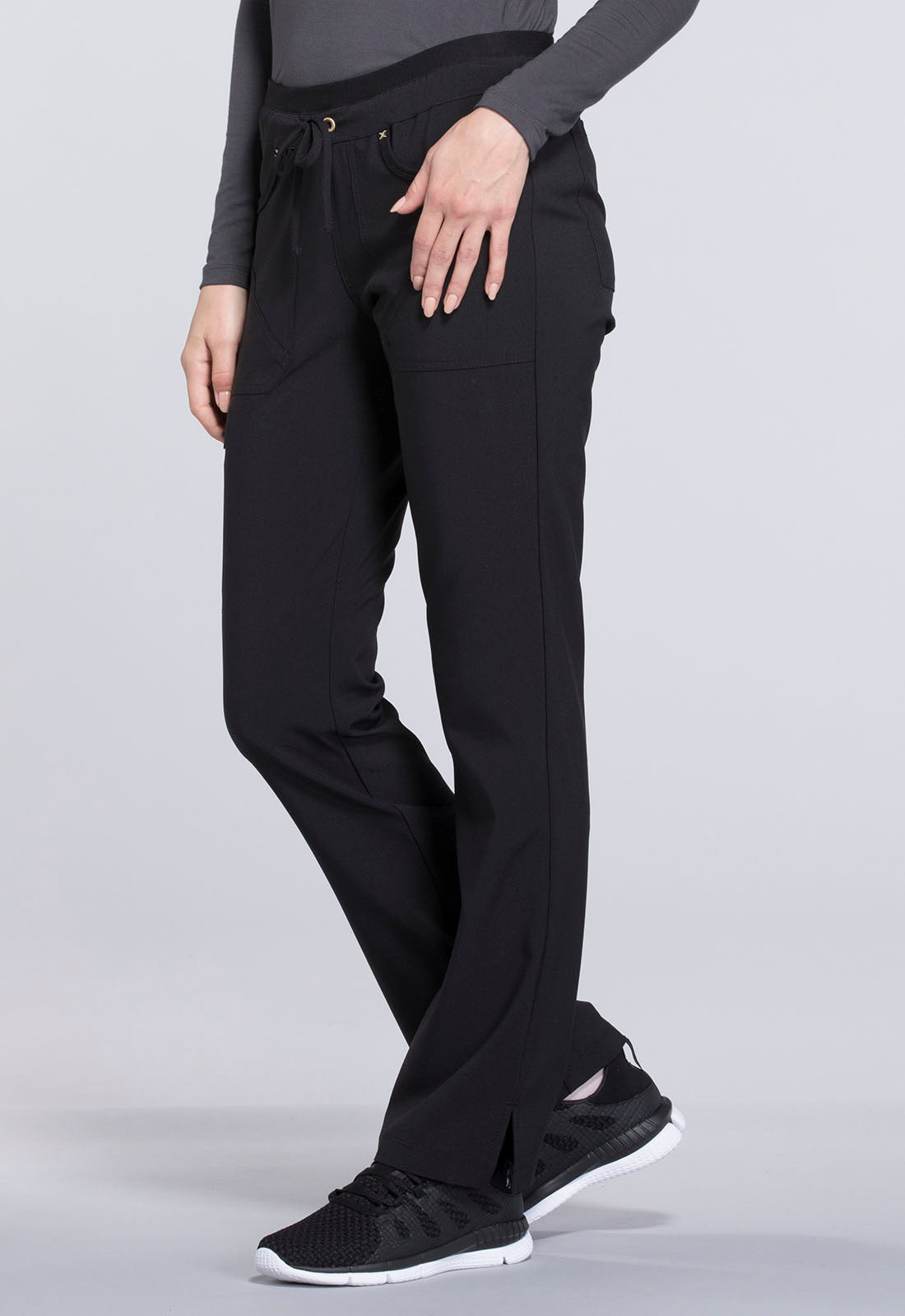 Mid Rise Tapered Leg Drawstring Pants in Black Tall