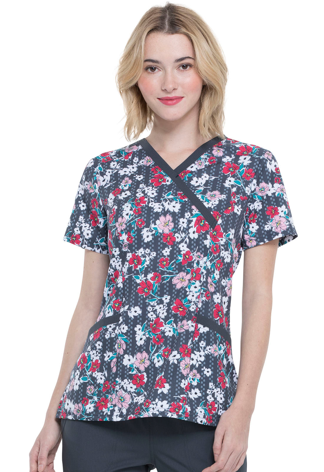 Elle Women's Mock Wrap Scrub Top in Fast Track Flora