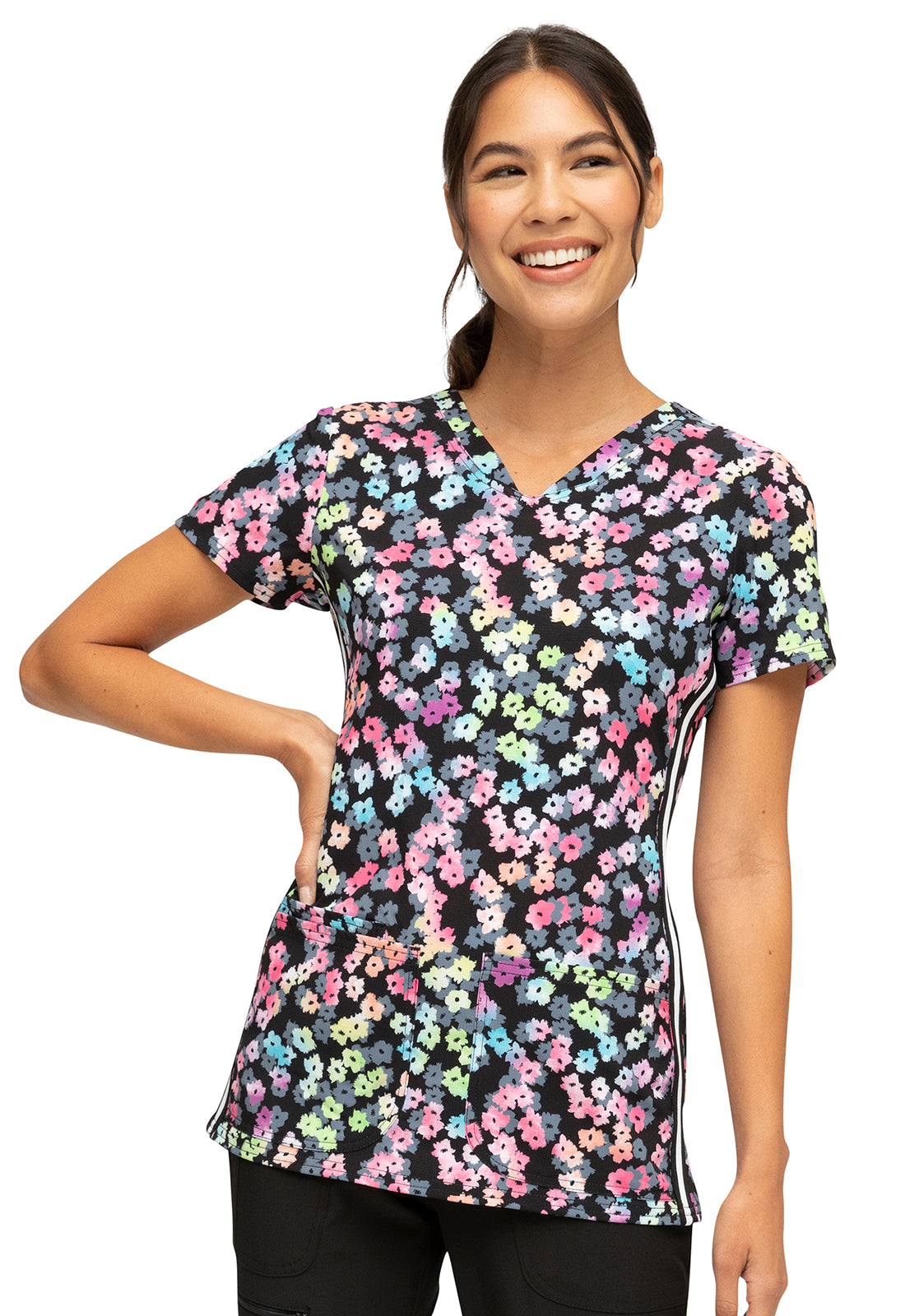 V-Neck Top in Rainbow Blossoms